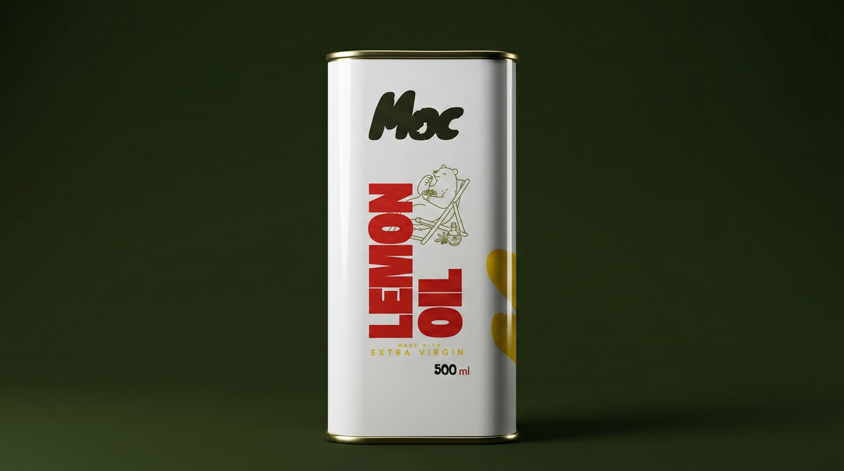 Tall white tin of Moc Lemon Oil, 500ml, against a dark green background