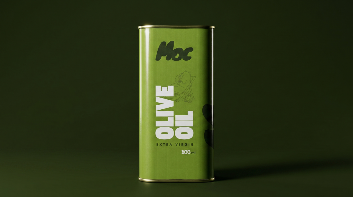 Tall green tin of Moc Extra Virgin Olive Oil, 500ml, against a dark green background